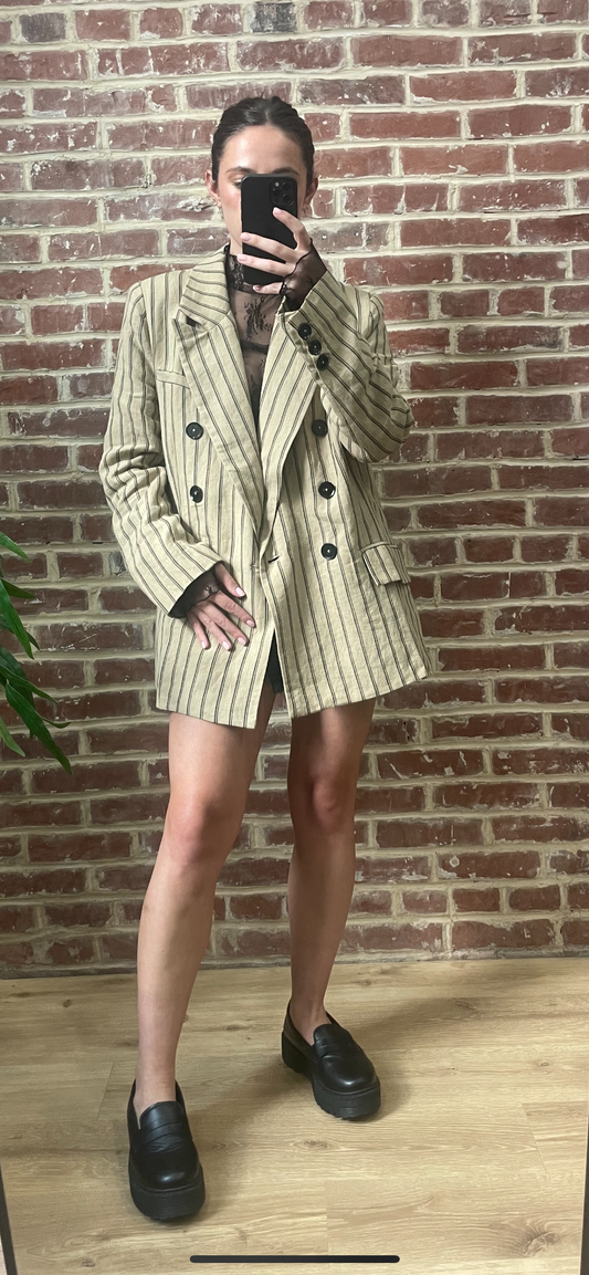 Mocha and Black Pinstripe Linen Blazer